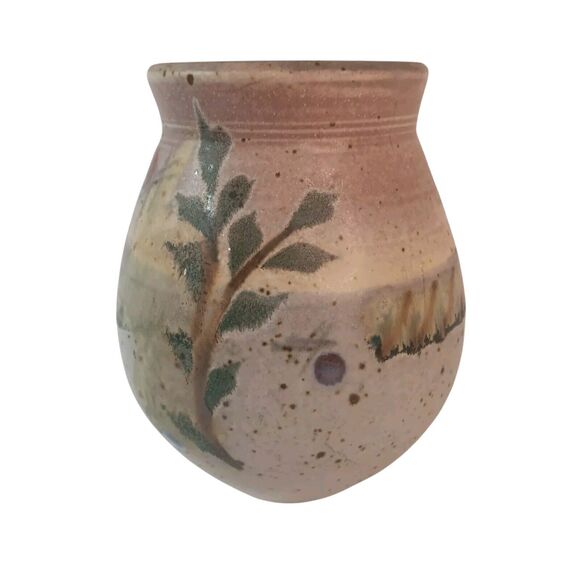 Bridget Hauser Signed Art Pottery Vase Pastels Pink Green Leaves Speckled 5"x 4" - Picture 4 of 13